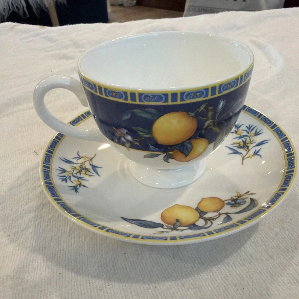 Wedgwood Citrons Lemons & Leaves Leigh Shape Footed‎ Cup and Saucer Bone China